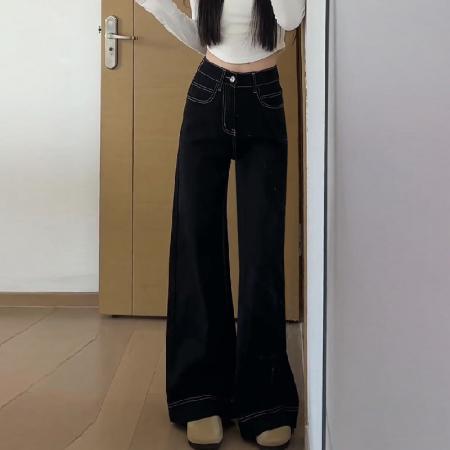 FA56507# 韩版黑色高腰百搭牛仔裤女春季新款大码胖mm宽松显瘦直筒阔腿长裤 服裝批發女裝批發服飾貨源