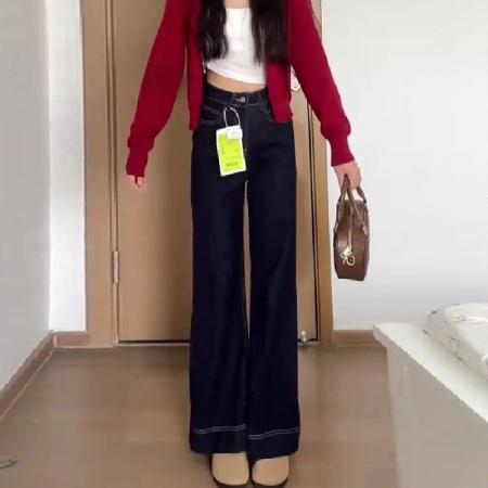 FA56507# 韩版黑色高腰百搭牛仔裤女春季新款大码胖mm宽松显瘦直筒阔腿长裤 服裝批發女裝批發服飾貨源