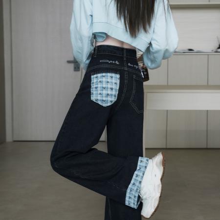 FA56508# 卷边蝴蝶结格子拼接牛仔裤直筒阔腿长裤宽松美式大码拖地裤 服裝批發女裝批發服飾貨源