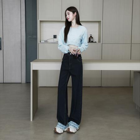 FA56508# 卷边蝴蝶结格子拼接牛仔裤直筒阔腿长裤宽松美式大码拖地裤 服裝批發女裝批發服飾貨源