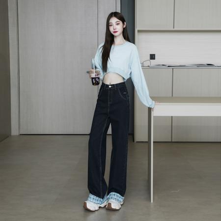 FA56508# 卷边蝴蝶结格子拼接牛仔裤直筒阔腿长裤宽松美式大码拖地裤 服裝批發女裝批發服飾貨源