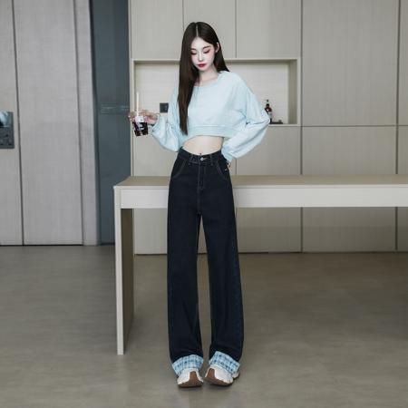 FA56508# 卷边蝴蝶结格子拼接牛仔裤直筒阔腿长裤宽松美式大码拖地裤 服裝批發女裝批發服飾貨源