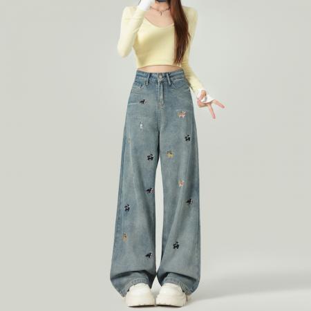 FA56509# 春秋小狗刺绣宽松显瘦高腰阔腿牛仔裤女百搭直筒拖地长裤 服裝批發女裝批發服飾貨源