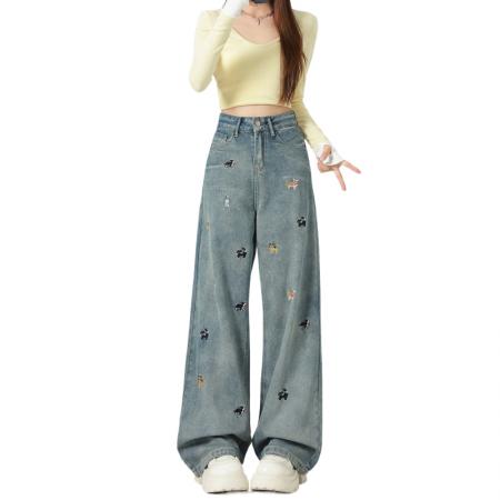 FA56509# 春秋小狗刺绣宽松显瘦高腰阔腿牛仔裤女百搭直筒拖地长裤 服裝批發女裝批發服飾貨源