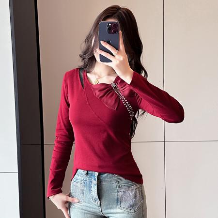 FA56510# 春夏新款设计感蝴蝶结长袖圆领钉珠镂空蕾丝拼接洋气上衣女 服裝批發女裝批發服飾貨源