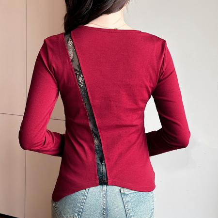 FA56510# 春夏新款设计感蝴蝶结长袖圆领钉珠镂空蕾丝拼接洋气上衣女 服裝批發女裝批發服飾貨源