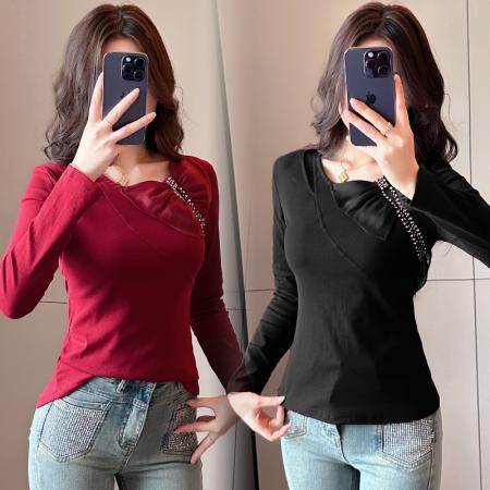 FA56510# 春夏新款设计感蝴蝶结长袖圆领钉珠镂空蕾丝拼接洋气上衣女 服裝批發女裝批發服飾貨源