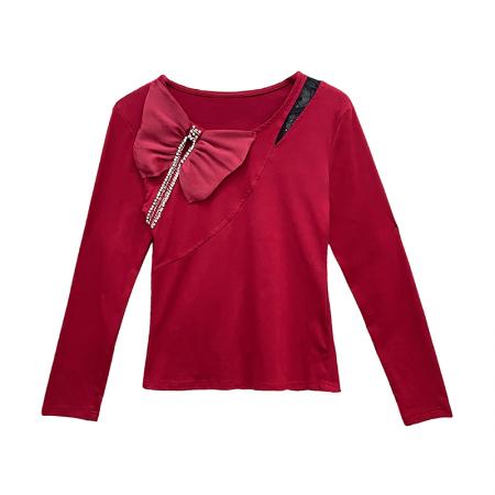 FA56510# 春夏新款设计感蝴蝶结长袖圆领钉珠镂空蕾丝拼接洋气上衣女 服裝批發女裝批發服飾貨源