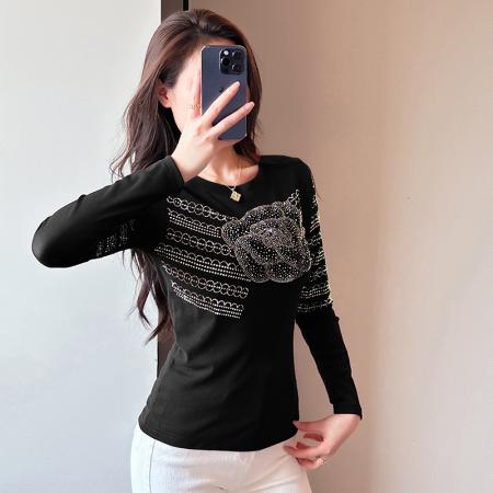 FA56511# 春夏新款圆领烫钻时尚洋气长T恤修身显瘦小衫减龄女士打底衫 服裝批發女裝批發服飾貨源