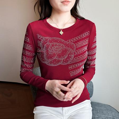 FA56511# 春夏新款圆领烫钻时尚洋气长T恤修身显瘦小衫减龄女士打底衫 服裝批發女裝批發服飾貨源