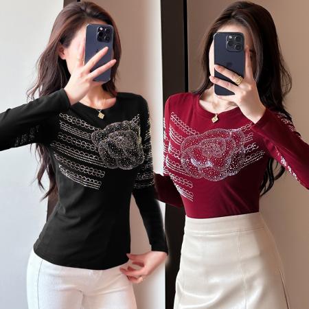 FA56511# 春夏新款圆领烫钻时尚洋气长T恤修身显瘦小衫减龄女士打底衫 服裝批發女裝批發服飾貨源