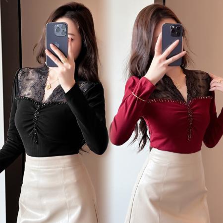 FA56512# 春夏新款时尚洋气蕾丝拼接镂空手工钉珠气质设计感上衣打底衫 服裝批發女裝批發服飾貨源