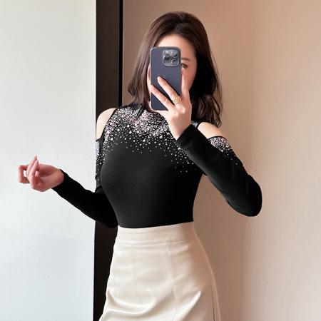 FA56513# 春夏新款圆领烫钻露肩修身显瘦女士打底衫 服裝批發女裝批發服飾貨源