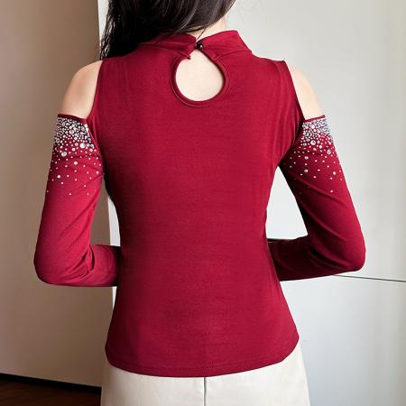FA56513# 春夏新款圆领烫钻露肩修身显瘦女士打底衫 服裝批發女裝批發服飾貨源