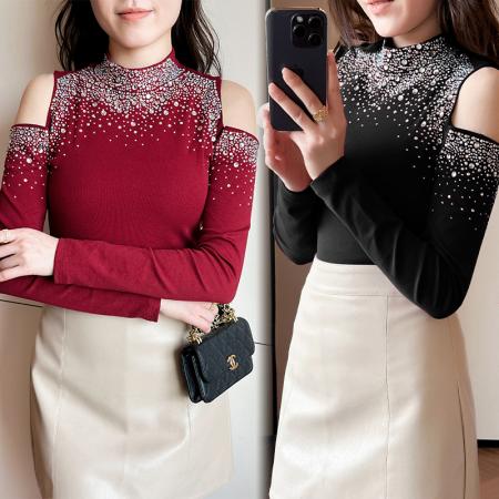 FA56513# 春夏新款圆领烫钻露肩修身显瘦女士打底衫 服裝批發女裝批發服飾貨源