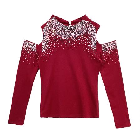 FA56513# 春夏新款圆领烫钻露肩修身显瘦女士打底衫 服裝批發女裝批發服飾貨源