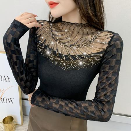 FA56514# 欧洲站春夏季新款花边拼接镂空烫钻修身显瘦长袖T恤女 服裝批發女裝批發服飾貨源