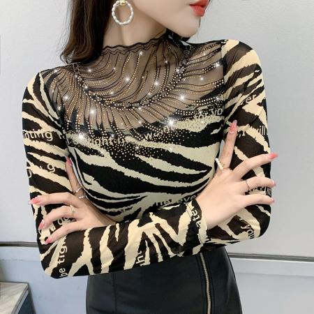 FA56514# 欧洲站春夏季新款花边拼接镂空烫钻修身显瘦长袖T恤女 服裝批發女裝批發服飾貨源