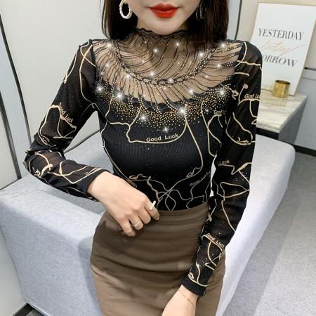 FA56514# 欧洲站春夏季新款花边拼接镂空烫钻修身显瘦长袖T恤女 服裝批發女裝批發服飾貨源