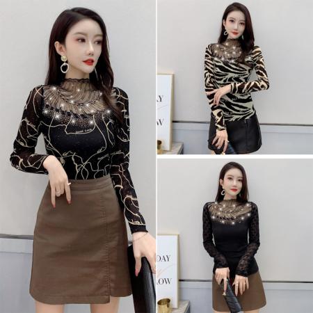 FA56514# 欧洲站春夏季新款花边拼接镂空烫钻修身显瘦长袖T恤女 服裝批發女裝批發服飾貨源