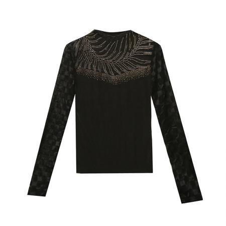 FA56514# 欧洲站春夏季新款花边拼接镂空烫钻修身显瘦长袖T恤女 服裝批發女裝批發服飾貨源