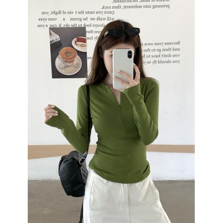 FA56515# 隐形半拉链长袖T恤女打底衫内搭秋冬高级感加厚绿色上衣 服裝批發女裝批發服飾貨源