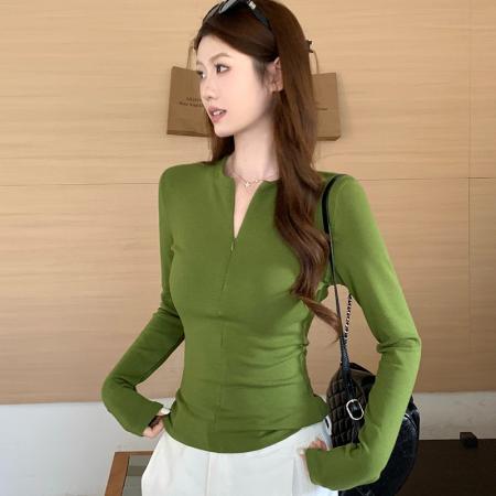 FA56515# 隐形半拉链长袖T恤女打底衫内搭秋冬高级感加厚绿色上衣 服裝批發女裝批發服飾貨源