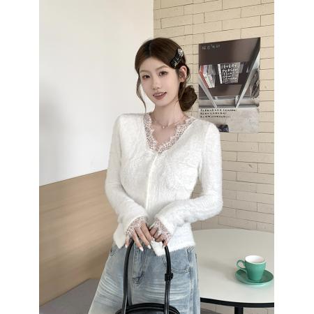 FA56516# 蕾丝v领针织开衫女秋冬季温柔软糯内搭打底衫 服裝批發女裝批發服飾貨源