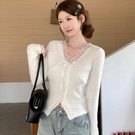 FA56516# 蕾丝v领针织开衫女秋冬季温柔软糯内搭打底衫 服裝批發女裝批發服飾貨源