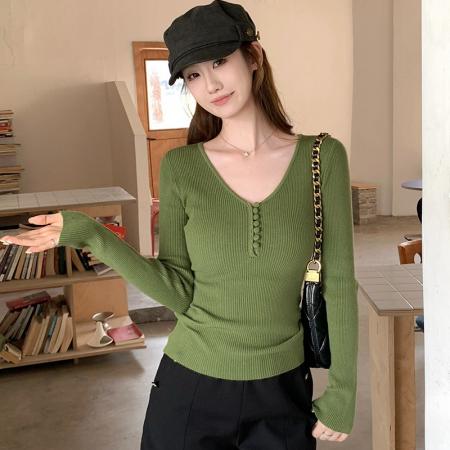 FA56518# 韩系绿色排扣v领长袖针织打底衫女秋冬季修身显瘦内搭 服裝批發女裝批發服飾貨源