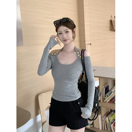FA56519# 小众性感挂脖一字肩上衣秋季气质显瘦百搭辣妹风长袖 服裝批發女裝批發服飾貨源