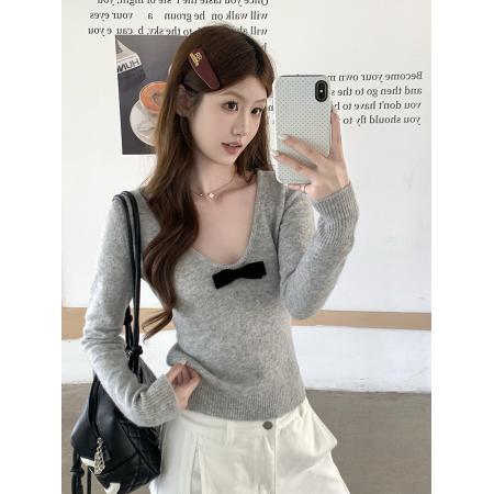 FA56520# 韩系灰色蝴蝶结V领针织打底衫女秋 服裝批發女裝批發服飾貨源