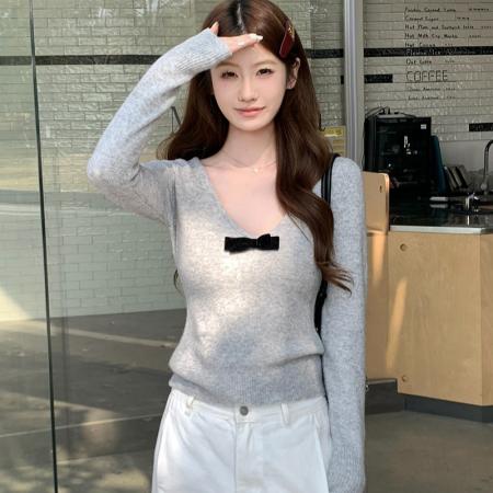 FA56520# 韩系灰色蝴蝶结V领针织打底衫女秋 服裝批發女裝批發服飾貨源