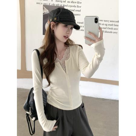 FA56521# 韩系漂亮蕾丝V领针织打底衫女秋冬独特超好看内搭 服裝批發女裝批發服飾貨源