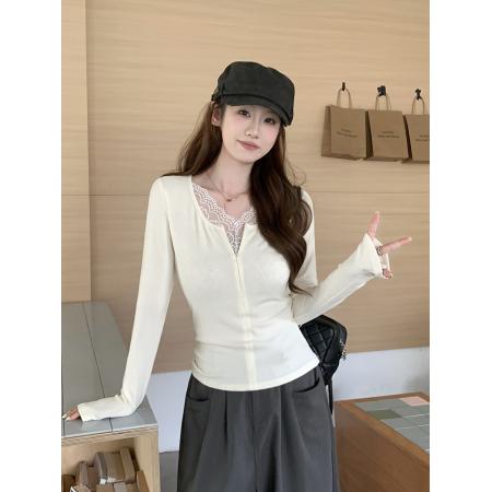 FA56521# 韩系漂亮蕾丝V领针织打底衫女秋冬独特超好看内搭 服裝批發女裝批發服飾貨源