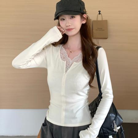 FA56521# 韩系漂亮蕾丝V领针织打底衫女秋冬独特超好看内搭 服裝批發女裝批發服飾貨源