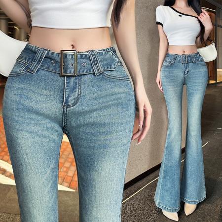 FA56522# 早春新款超火裤子浅蓝色宽腰带牛仔裤高腰修身喇叭裤子 服裝批發女裝批發服飾貨源