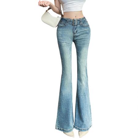 FA56522# 早春新款超火裤子浅蓝色宽腰带牛仔裤高腰修身喇叭裤子 服裝批發女裝批發服飾貨源