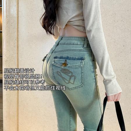 FA56524# 美式复古水洗浅蓝刺绣小脚牛仔裤百搭辣妹提臀紧身铅笔九分裤 服裝批發女裝批發服飾貨源