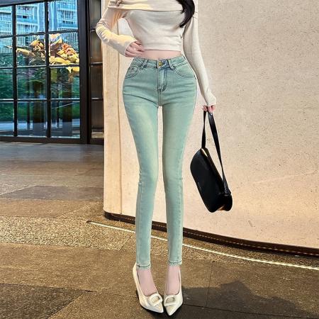 FA56524# 美式复古水洗浅蓝刺绣小脚牛仔裤百搭辣妹提臀紧身铅笔九分裤 服裝批發女裝批發服飾貨源