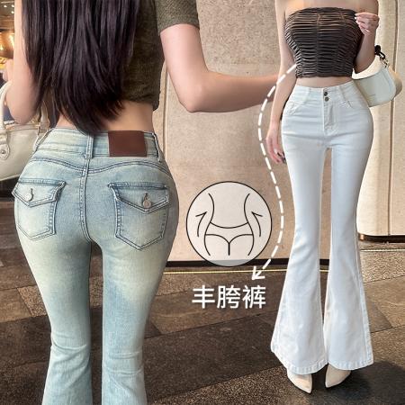 FA56525# 春季浅蓝色高腰丰胯提臀微喇牛仔裤女修身拖地喇叭裤 服裝批發女裝批發服飾貨源