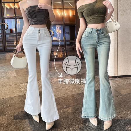 FA56525# 春季浅蓝色高腰丰胯提臀微喇牛仔裤女修身拖地喇叭裤 服裝批發女裝批發服飾貨源