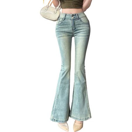 FA56525# 春季浅蓝色高腰丰胯提臀微喇牛仔裤女修身拖地喇叭裤 服裝批發女裝批發服飾貨源