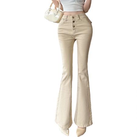 FA56526# 何晨曦卡其色微喇牛仔裤女春季新款裤子提臀显腿长长裤 服裝批發女裝批發服飾貨源