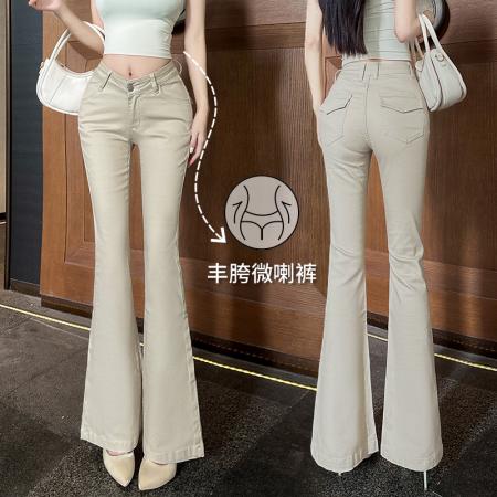 FA56527# 韩版奶茶色固定式丰胯V腰设计5色微喇裤梨形必备腰臀比神裤 服裝批發女裝批發服飾貨源