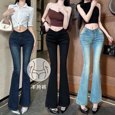 FA56527# 韩版奶茶色固定式丰胯V腰设计5色微喇裤梨形必备腰臀比神裤 服裝批發女裝批發服飾貨源