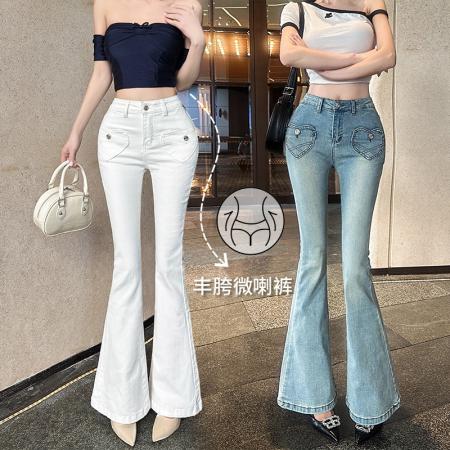 FA56528# 自带丰胯垫韩系纯欲26年早春新款前爱心口袋辣妹喇叭牛仔裤 服裝批發女裝批發服飾貨源