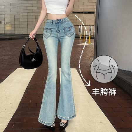 FA56528# 自带丰胯垫韩系纯欲26年早春新款前爱心口袋辣妹喇叭牛仔裤 服裝批發女裝批發服飾貨源