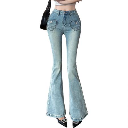 FA56528# 自带丰胯垫韩系纯欲26年早春新款前爱心口袋辣妹喇叭牛仔裤 服裝批發女裝批發服飾貨源