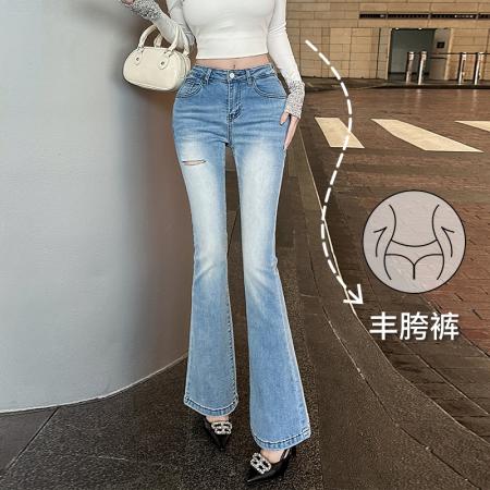 FA56529# 花三三同款SANSAN韩代GUSE春款自带丰胯一字破洞微喇牛仔裤 服裝批發女裝批發服飾貨源